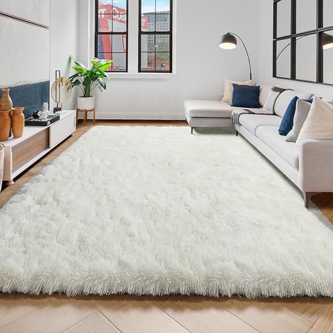 Amdrebio Ivory Rugs for Living Room Bedroom, 6x9 Soft Fluffy Area Rug for Kids Nursery, Furry Fuzzy Plush Shaggy Cream White Carpet for Classroom Playroom Home Decor, Cute Modern Thick Neutral Rug