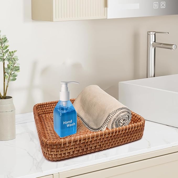 Rattan Storage Baskets, Rectangular Woven Baskets for Storage, Key Basket for Entryway, Decorative Storage Baskets for Organizing for Living Room, Bedroom, Kitchen(8.3" × 8.3" × 1.6")