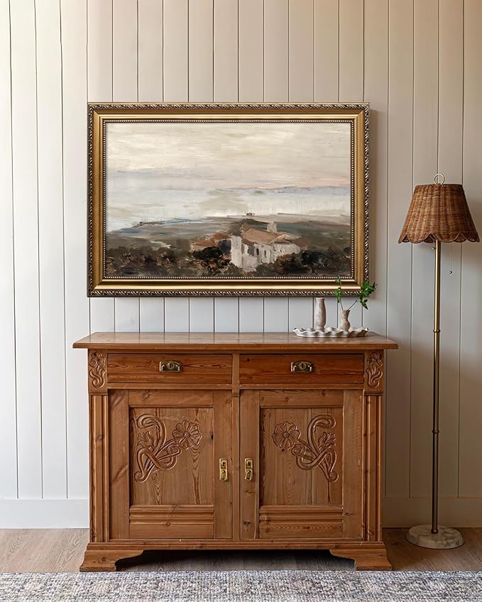 KBKBART Vintage Framed Wall Art for Living Room, Retro Muted European Coastal Prints Painting, Neutral Warm Tone Landscape Art Wall Decor, Gold Framed Oil Painting Canvas Artwork, 12"x16"