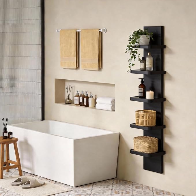 Versatile 5 Tier Wall Shelf Unit, Floating Shelves for Wall (Round Corner), Vertical Lack Wall Shelf for Bedroom, Vanity, Living Room, Home Decor Makeup Organizer Display, Black