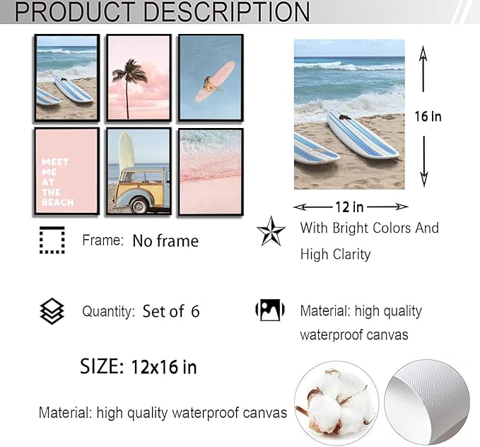6Pcs Pastel Beach Wall Art Prints Pink Blue Coastal Granddaughter Wall Decor Pictures Summer Beachy Palm Trees Aesthetic Posters for Girly Bedroom Dorm Apartment Home Decoration Unframed 12x16in