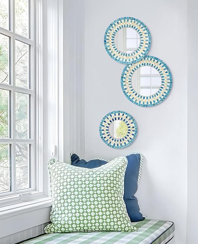 Handmade Mother of Pearl Mirror for Wall Decor, 3PCS Round Decorative Mirrors for Beach Nautical Home Hotel Coffee Shop, Natural Plate Art Hanging Sculpture for Dorm Apartment Entryway (Blue)
