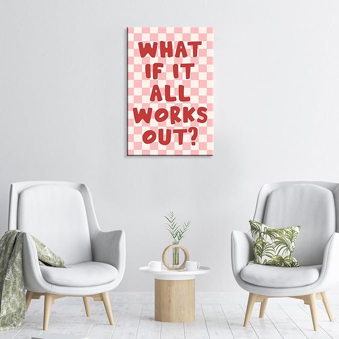 What If It All Works Out Wall Art Daily Positive Affirming Quote Posters Minimalist Pink And White Checkered Room Aesthetic Paintings For Home Bedroom Dorm Wall Decor 12x16in Unframed