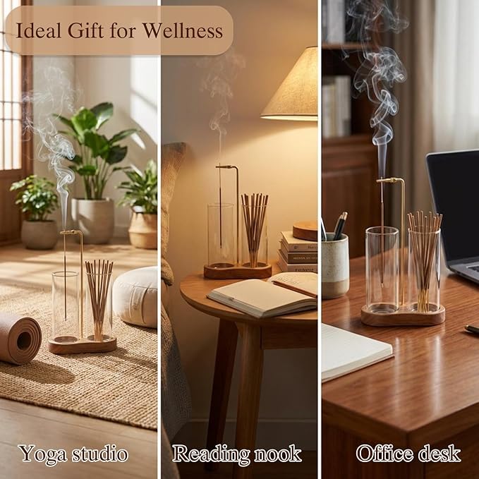 2 in 1 Incense Holder for Sticks with Glass Ash Catcher - Upside Down Anti-Ash Flying Incense Burner & Stick Storage Organizer, Ideal for Meditation, Yoga, Zen Home Decor, Spa Relaxation Gift