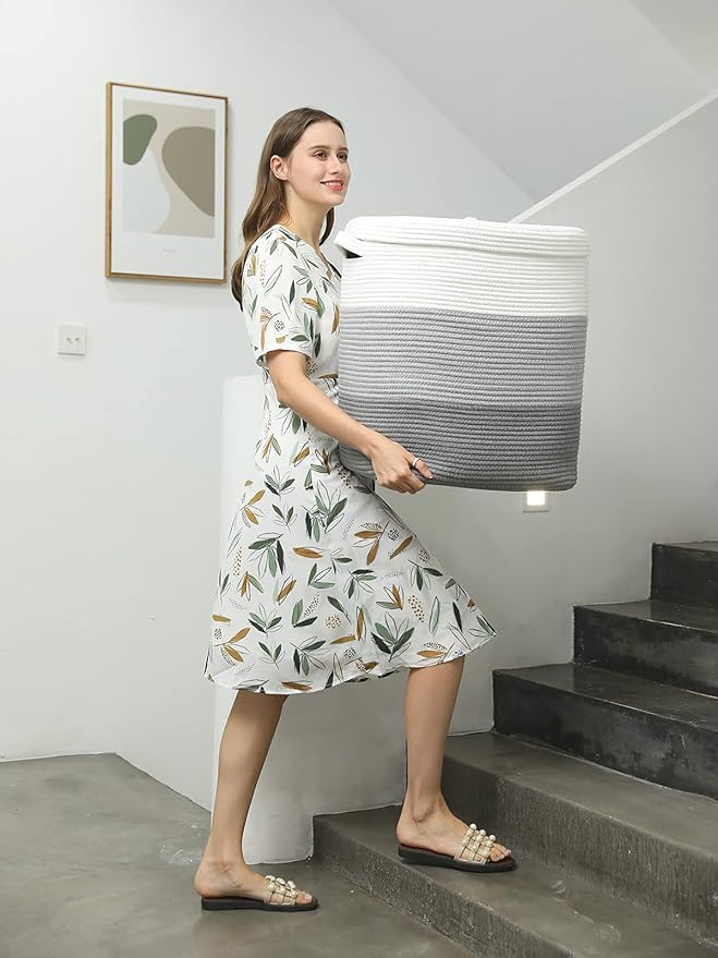 16”x16”x20” Rectangular Extra Large Storage Basket with Lid, Cotton Rope Storage Baskets, Laundry Hamper, Cloth Bin, for Clothes Towels Blankets Storage in Living Room, Light Grey/Grey
