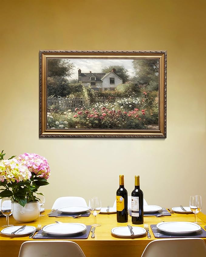 KBKBART Gold Framed Vintage Wall Art, Vintage Wildflower Countryside Canvas Oil Painting Wall Art, Rustic Antique Landscape Spring Decor Bathroom Decor for Bedroom Living Room, Gifts for Friends or Family(16"x24")