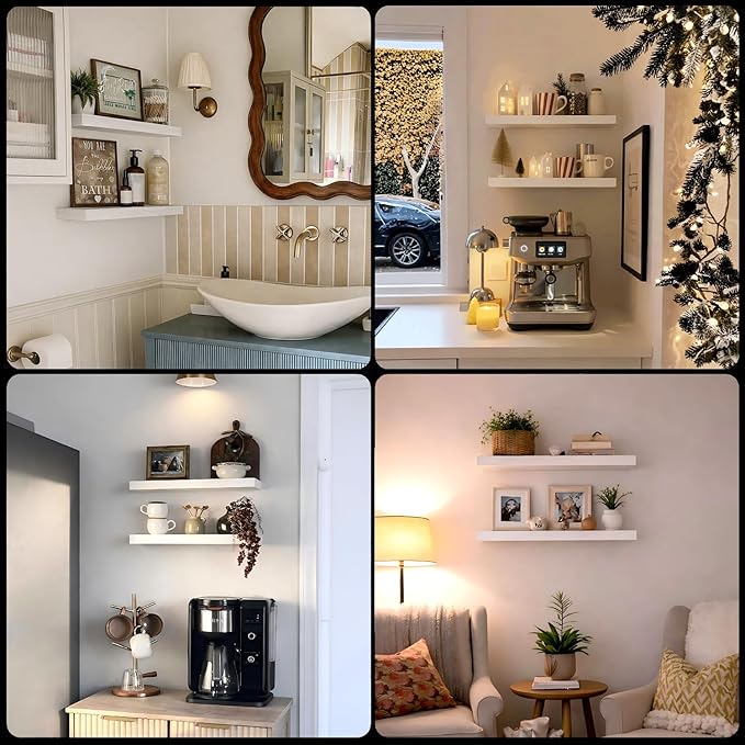 Floating Shelves for Wall, 24" Wall Mounted Shelves, Modern Decor & Storage for Bathroom, Bedroom, Kitchen, Living Room, with Invisible Brackets, Set of 2, White