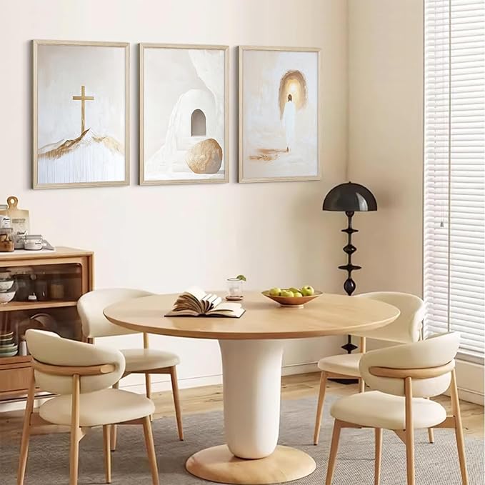 Jesus Christian Wall Art Gold Beige God Canvas Wall Decor He Is Risen Art Religious Christian Poster Modern Minimalist Cross Painting Artwork Jesus Picture Prints for Living Room 12x16x3 Inch Framed