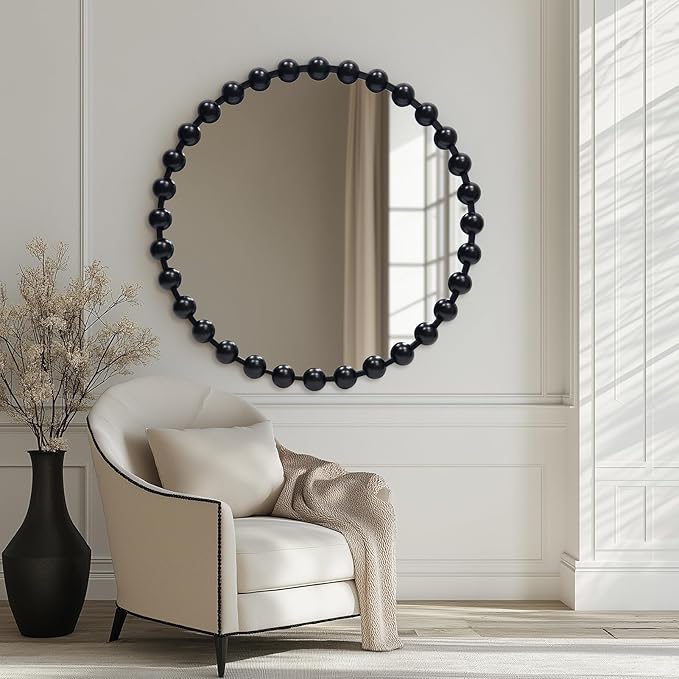 Round Black Mirror 28'', Spherical Frame Round Mirror for Living Room, Beaded Mirror for Bathroom, Dining Roon, Bed Room, Entryway