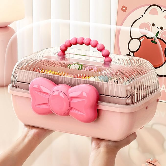 Cute Girls Hair Accessories Storage Box Bow Switch Organizer Box Jewelry Box | Kids Hair Accessories Organizer | 3 Layers Foldable Storage Box with Handle Plastic Makeup Jewelry Holder (Purple)