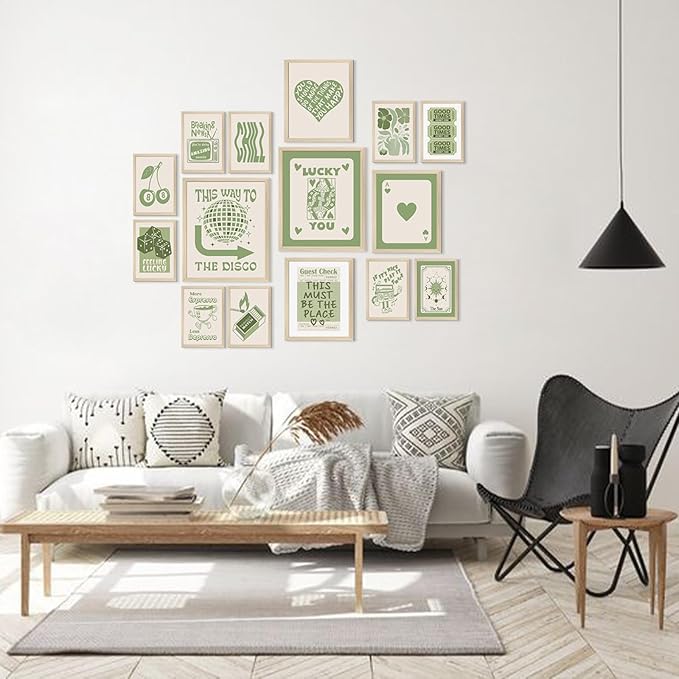 Aroutde Green Lucky Poster - Trendy Sage Green Wall Art - Guest Check Print - Lucky You - Room Decor - Y2K Canvas Wall Art - Set of 15 (Unframed)