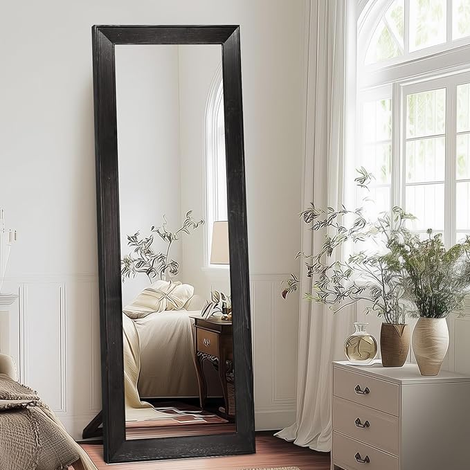 Full Length Mirror 65"x22" - Beveled Edge Rustic Black Dressing Mirror, Solid Wood Frame, Wall Mounted or Standing for Bedroom, Entryway, Living Room