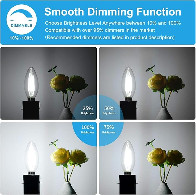 48-Pack Dimmable E12 LED Candelabra Bulbs 60W Equivalent, 5000K Soft Warm White, 600 Lumens B11 Candle Base 6W C35 LED Filament Vintage Light Bulbs, Clear Glass for Chandelier Ceiling Fan High CRI 90+