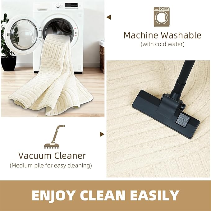 8x10 Extra Large Solid Color Area Rugs – Washable Living Room Rug, Durable Non-Slip Indoor Carpet with Soft High-Low Pile, Fluffy Floor Rugs for Bedroom, Kids Room, Nursery, Home Décor, Beige