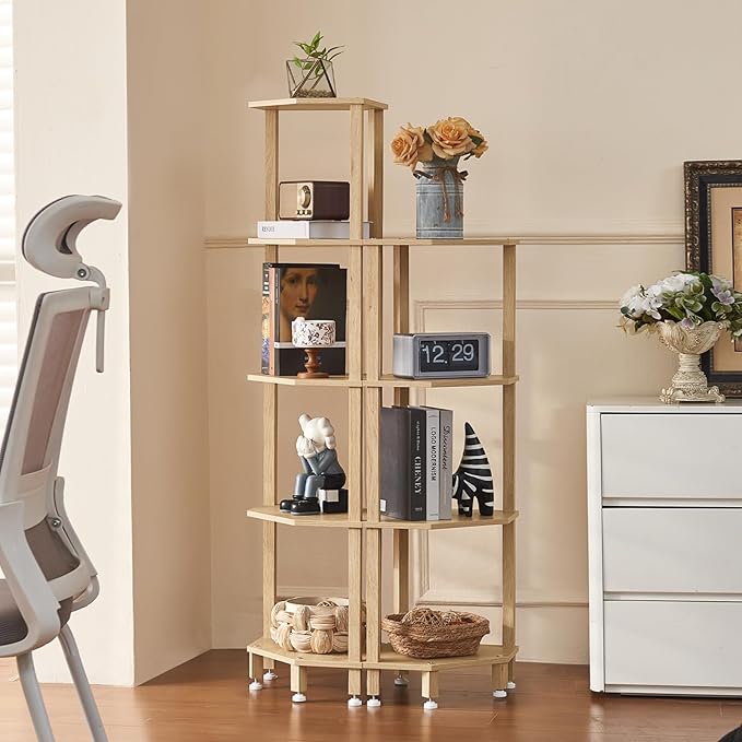 YUFAM 5-Tier Corner Shelf with Sturdy 5-Leg Base, 52in Tall Narrow Bookcase for Small Spaces, Wooden Plant Display Shelf, Thin Bookshelf for Living Room, Bedroom, Office, Natural