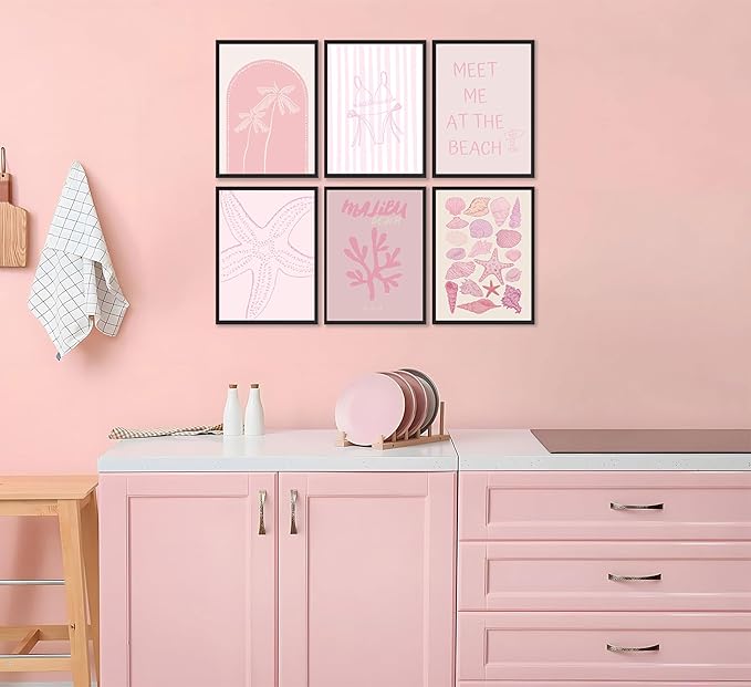 6Pcs Pink Coastal Preppy Wall art Beach Granddaughter Aesthetic Room Painting Picture Wall Decor Shells Oyster Starfish Poster Print Artwork for Girls Room Girls Dorm Home Decoration 8x10in