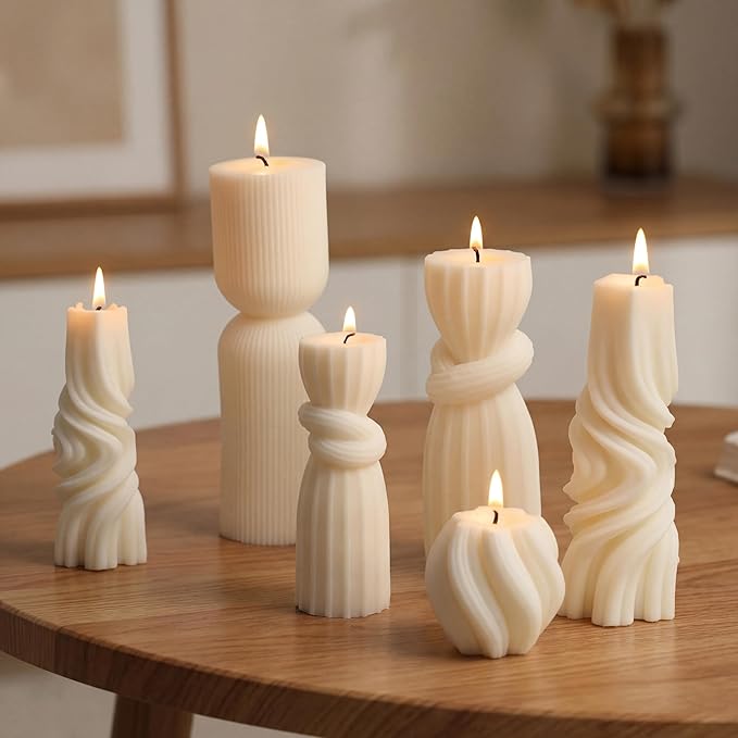 Threlaco 6 Pcs Pillar Candles Decorative Modern Aesthetic Ribbed Candle Set Cute Soy Wax Scented Ribbed Decor Commemorative Gift for Home Decoration(White, 2.36-6.89 Inch)