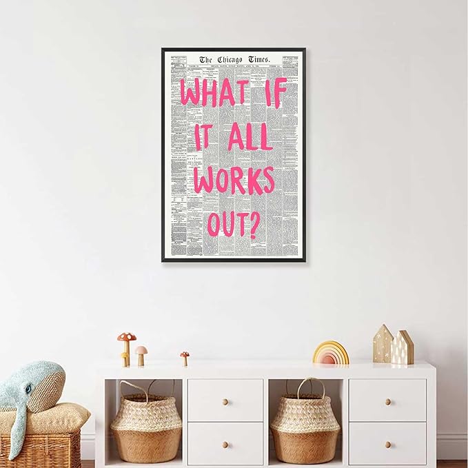 What If It All Works Out Poster Retro Newspaper Pink Font Canvas Wall Art Positive Affirming Quote Minimalist Prints Painting For Home Bedroom Dorm Wall Decor 12x18in Framed