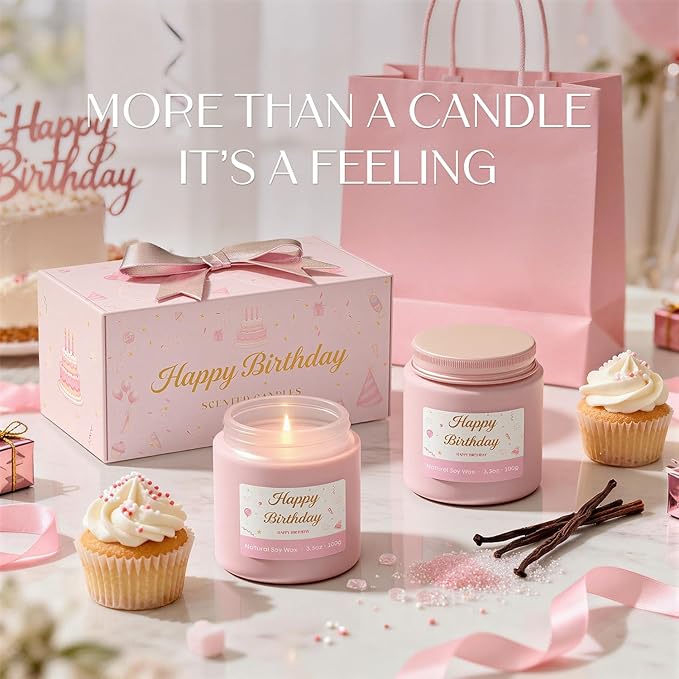 NORVENCE Scented Candles Gift Set, Stress Relief Candles for Home, Premium Soy Candle Set, Candles for Women and Men, Birthday Gifts (Birthday Pink, 7 oz)