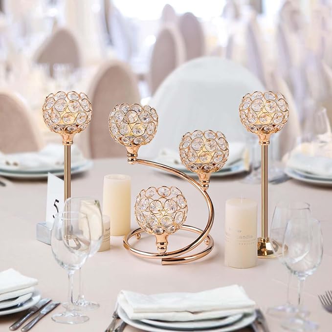 Gold Metal Crystal Candle Holder Set of 3 - Elegant 5-Arm Metal Tea Light Centerpiece with Shining Crystal Bowl, Wedding Anniversary Table Decor for Dining, Party