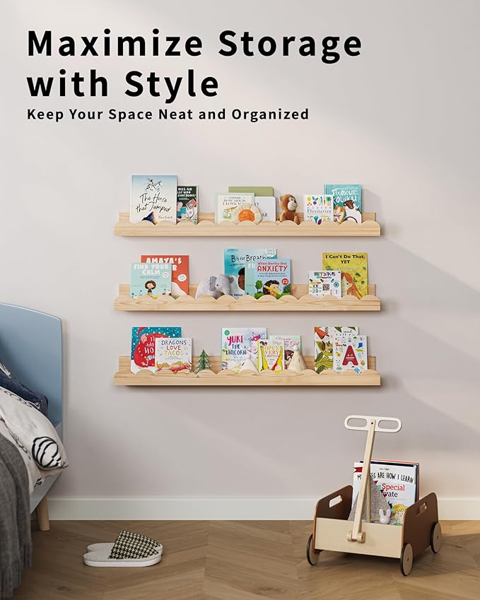 Nursery Book Shelves, Set of 3, Nursery Decor for Baby and Toddler, Scalloped Shelves, Book Shelf for Kids Rooms, Wall Book Shelf for Bedroom Kids, Floating Shelf for Wall (Wood, 23.5 Inches)