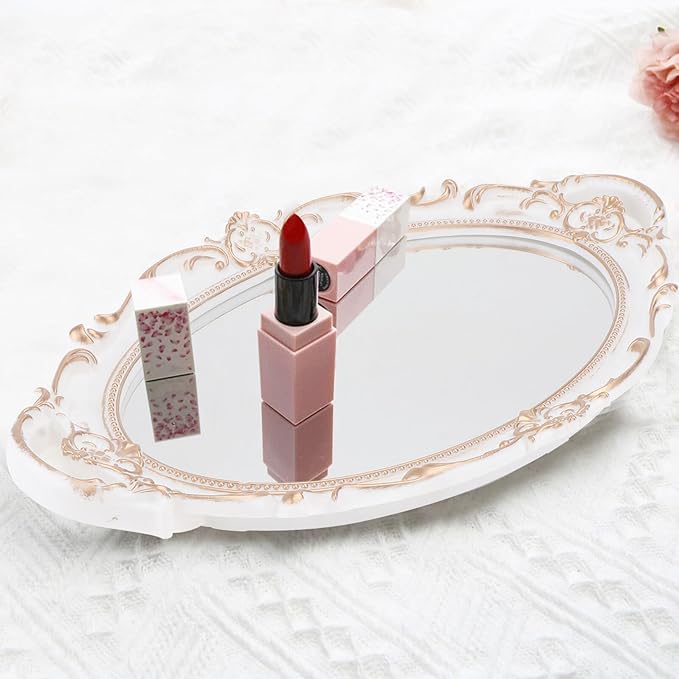 Oval Vintage Decorative Mirror Tray for Jewelry and Makeup Organizer Antique Style Photo Prop and Serving Display Elegant White Vanity Tray for Home and Events