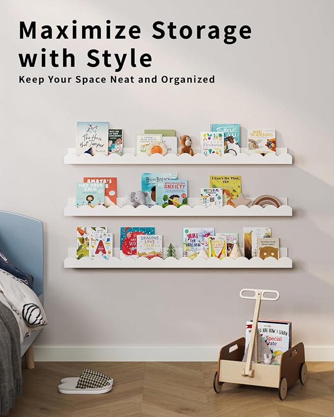 G&W Gruwald Nursery Book Shelves, Set of 3, Nursery Decor for Baby and Toddler, Scalloped Shelves, Book Shelf for Kids Rooms, Wall Book Shelf for Bedroom Kids (White, 36 Inches)