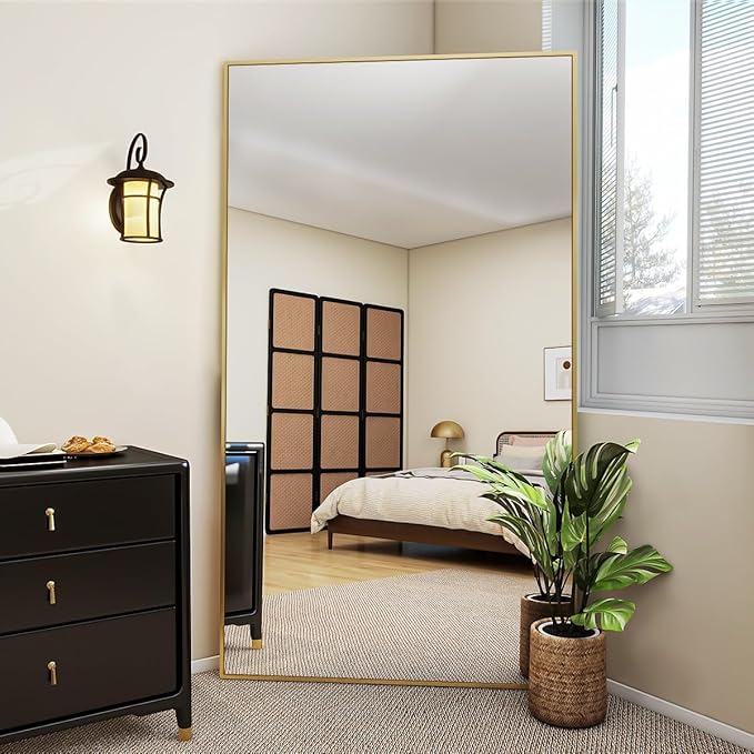 VooBang Large Full Length Mirror 78" x 35" - Shatterproof Huge Floor Full Body Mirror with Metal Frame, Freestanding, Wall Mounted, or Wall Leaning for Bedroom, Living Room, Dressing Room, Gold