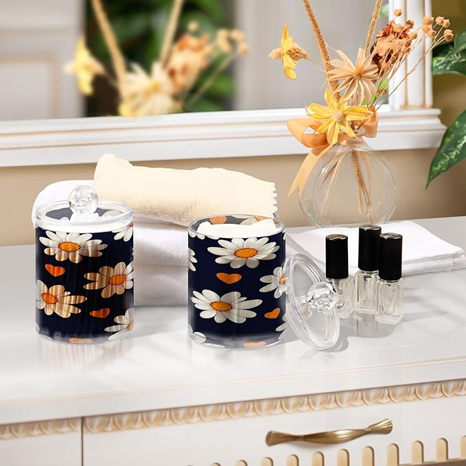 Nander 2Pack Beautiful Daisy Petals Qtip Holder Dispenser -Clear Plastic Apothecary Jars Set - Restroom Bathroom Makeup Organizers Containers for Cotton Swab, Ball, Pads, Floss