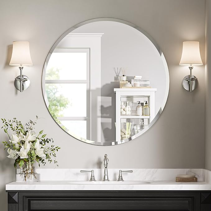 24 Inch Round Mirror for Wall Decor, Frameless Beveled Circle Mirror with Solid Backing, Small Round Bathroom Mirror for Vanity, Entryway & Bedroom, Flush Mount