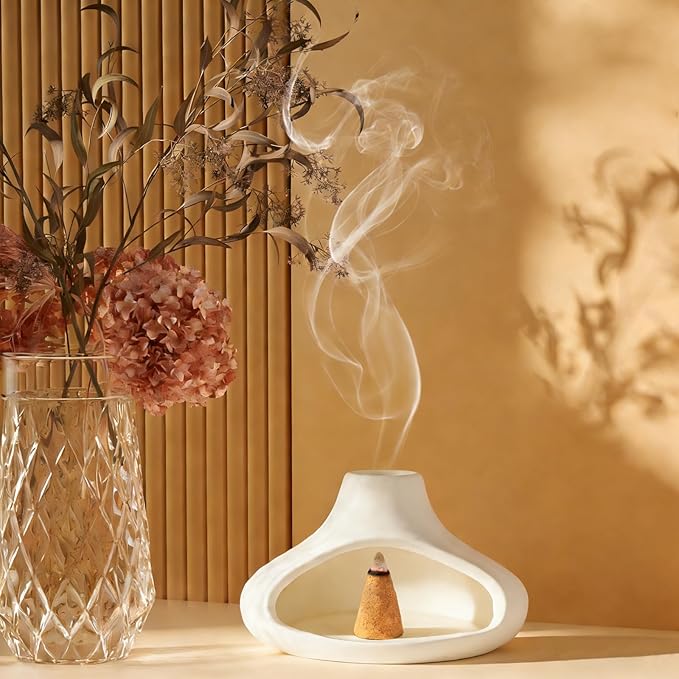 Ceramic Palo Santo Holder with Mini Chimney, Ash Catcher Incense Holder for Palo Santo Sticks, Sage Bundles, Incense Cones, Fireplace Style Smudge Bowl for Meditation, Yoga Home Decor(White)