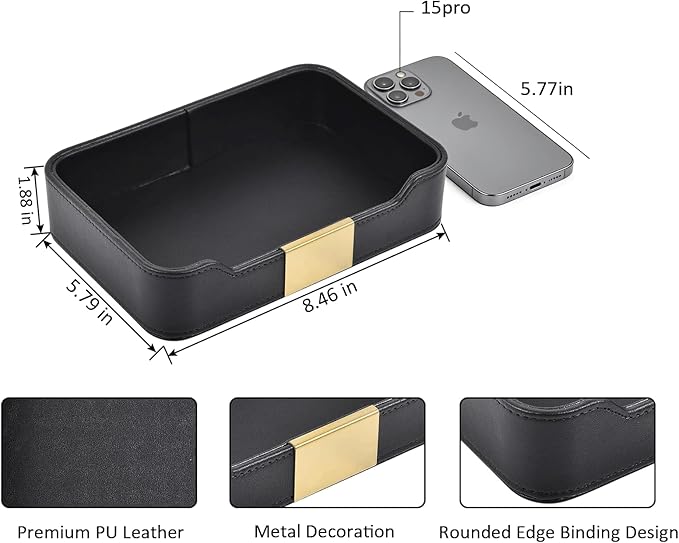 Luxury Leather Valet Tray,Jewelry Tray,Desktop Storage Organizer,Caddy Holder for Cosmetic,Jewelry,Watch,Keys,Phone,Wallet,Remote Controller,Pen, (black)