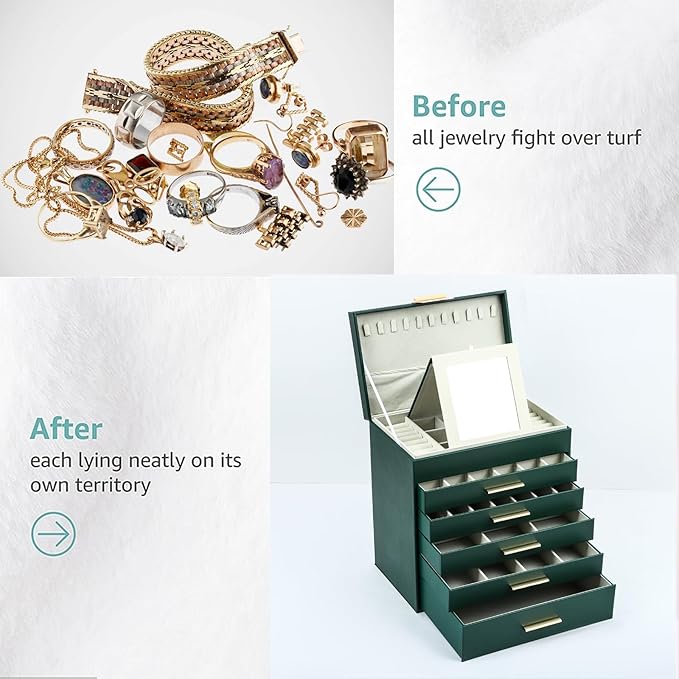 BOOVO Jewelry Boxes for Women, White and Black 6 Layer Large Jewelry Box for Necklace, Bracelet, Earrings, Rings Storage, Jewelry holder Organizer for Girls Gift (Green and Gold, 6 layer)