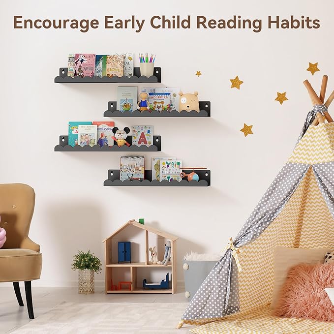 Nursery Book Shelves, 17 Inch Metal Floating Shelves for Wall 4 Pack, Scalloped Shelves, Wall Mounted Book Shelf for Kids Bedroom, Baby Room, Nursery Decor (Black)