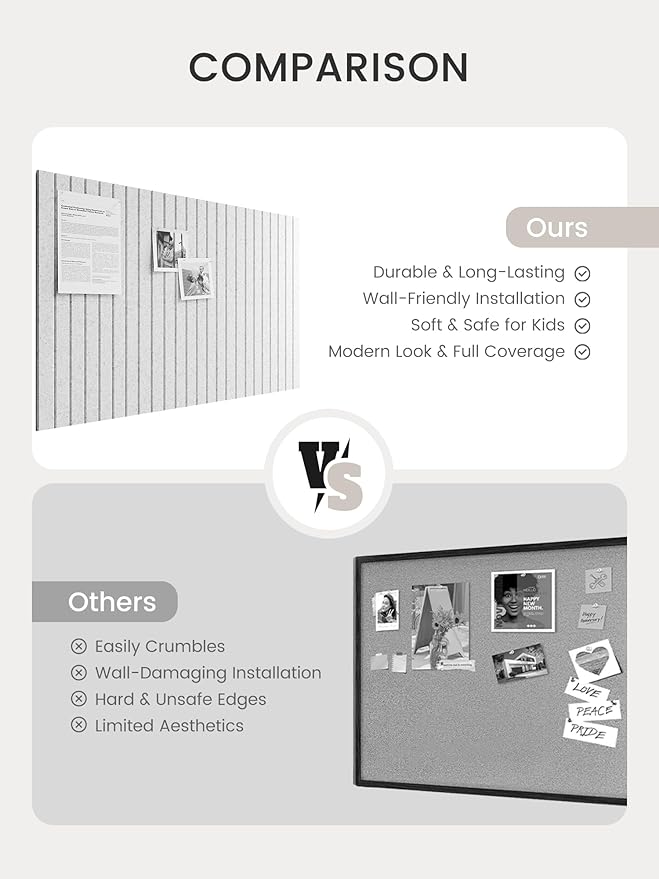 Bumusty Large Cork Board Alternative-36 x 24" Felt Bulletin Board Tiles, with 30 Pushpins, 40 Adhesive Tabs, Fine-Stripe 6-Pack, Cork Boards for Office Push Pin Board Felt Board-Light Gray