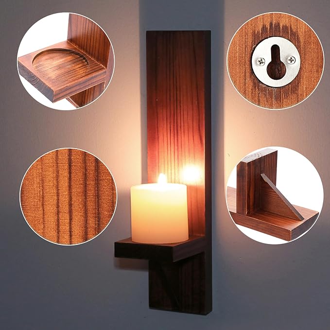 OwnMy Set of 2 Wooden Wall Candle Sconces Rustic Wall Mount Wooden Pillar Candle Sconces, Brown Farmhouse Wall Candle Sconce Vintage Hanging Candle Holders Decors for Living Room