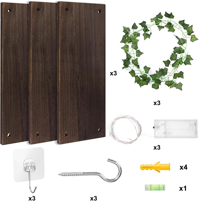 Fixwal Artificial Ivy LED-Strip Floating Shelves Set of 3, Macrame Hanging Shelves Plant Wall Decor, Rustic Boho Wood Wall Storage Shelves for Bedroom, Living Room, Bathroom Decor (Dark Brown)