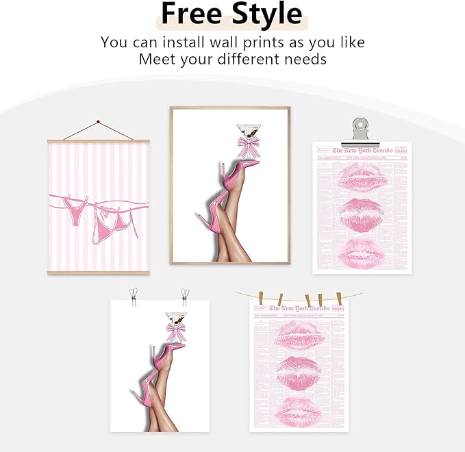 Pink Coquette Wall Art Decor Trendy Aesthetic Posters Preppy Funky Y2k Canvas Wall Art Decor Bow Girly Room Pictures Coquette Bikini Lips Prints Pink Artwork for Dorm Bedroom 16x24x3 Inch Unframed