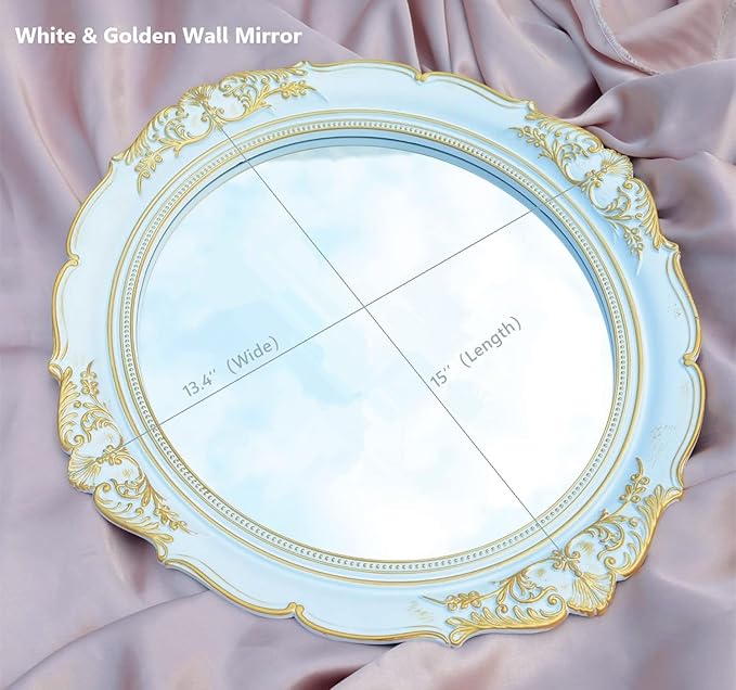 Vintage Carved Decorative Wall Mirror, Hanging Mirror for Dresser Decor Bedroom Living-Room, Cosmetics Jewelry Dresser Organizer Tray (15”x 13.4”) (White-Oval)