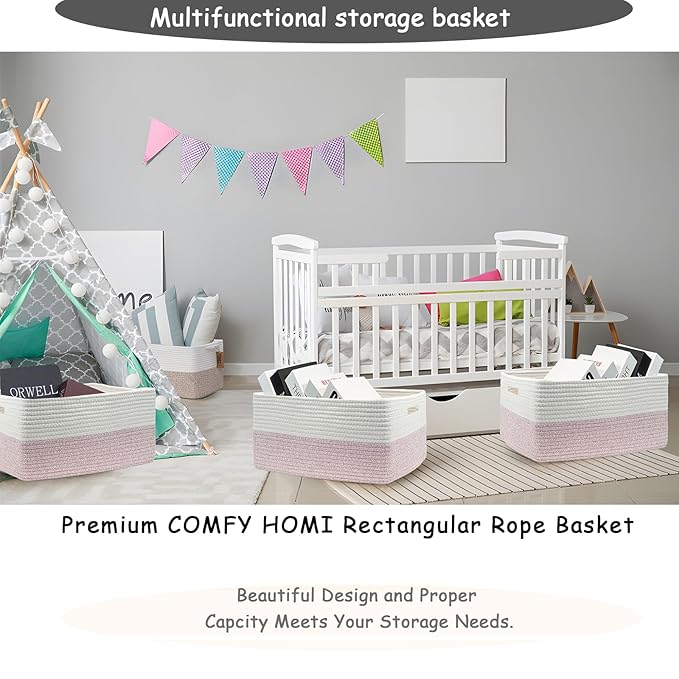 COMFY-HOMI Cotton Rope Woven Basket with Handles for Shelves,Toys,Book, Cloth Storage Baskets for Organizing-17" x 13" x 7.5" Toy Decorative Organizer for Living Room, Bathroom (white/pink)