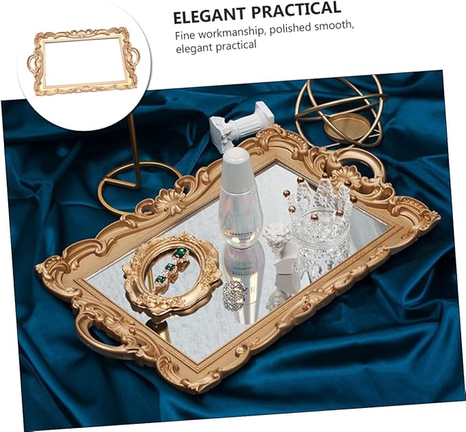 European Mirror Tray Vintage Cosmetic Storage Plate Gold Rectangular Makeup Organizer Perfume Display Prop for Vanity and Home Décor