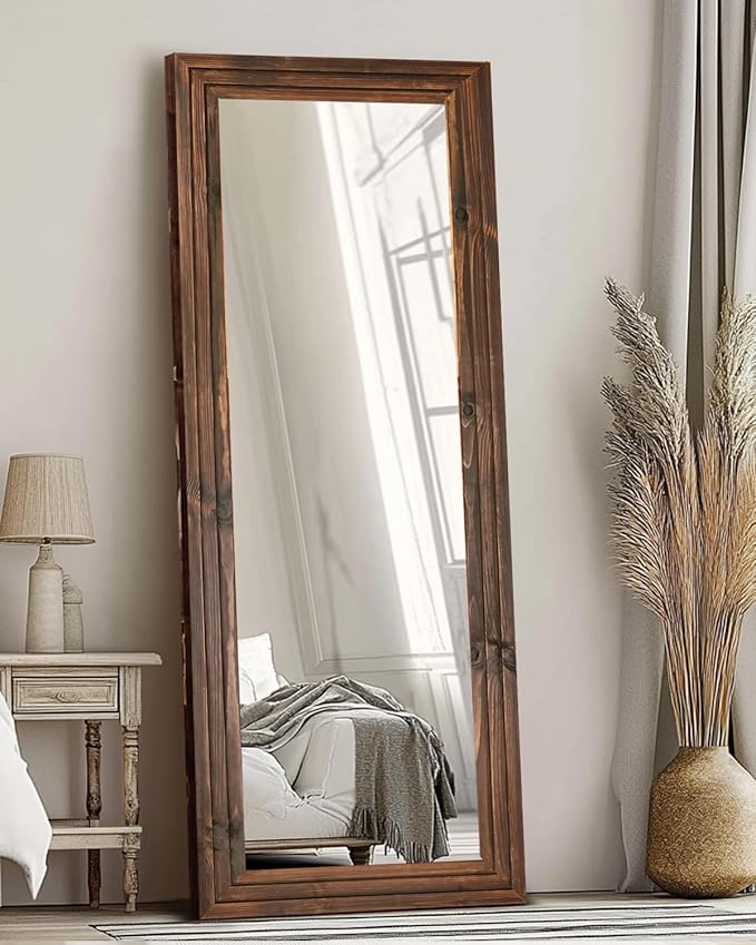 Full Length Mirror 65"x24" Solid Wood Frame Floor Large Mirror for Living Room, Bedroom Hanging or Leaning Wall-Mounted, Brown