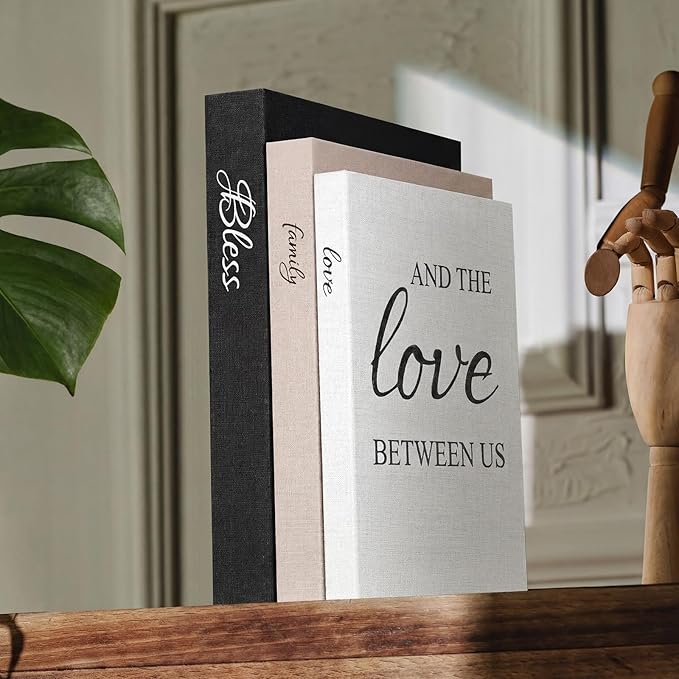 Weysat Set of 3 Bless Family Love Decorative Books for Home Decor Linen Faux Books Stacked Neutral Modern Aesthetic Fake Storage Boxes for Coffee Table, Bookshelf or Mantle Display