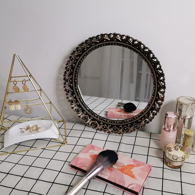 YANIZU Decorative Mirror Tray, Round Hollowed Out Design, Organizer for Makeup, Jewelry, Perfume, Vintage Display and Serving Tray for Dresser, Counter and Coffee Table, 12"X 12", Black