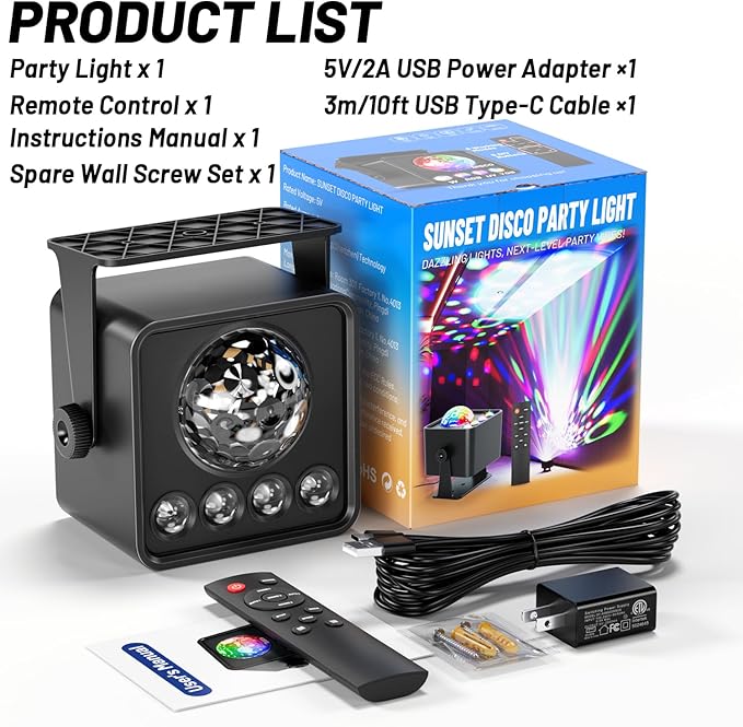 Disco Ball Party Lights Disco Light Sunset Lamp Projector with RGB+UV+White+YGB Sound Activated LED DJ Strobe Stage Light for Home Parties Living Room/Christmas/Halloween/Birthday/Wall/Décor