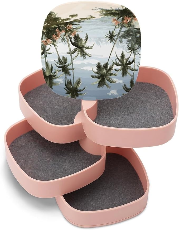 Tropical Palm Trees Jewelry Box 360°Rotating Storage Boxes Small Travel Earring Organizer with 4-Layers Rotatable Jewelry Storage Organizer for Ring Necklaces Makeup