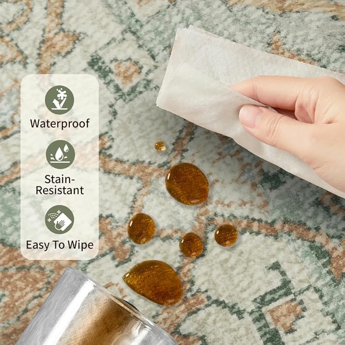 Rugxara 4x6 Rug for Living Room Bedroom, Green Washable Throw Rugs, Vintage Retro Boho Area Rugs, Non Slip & Low Pile Accent Throw Carpet for Indoor Dining Room, Kids Room and Office(Green 4x6ft)