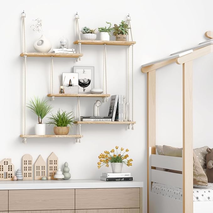 Hanging Shelves for Wall,Macrame Hanging Plant Shelf with Vine Lights 5 Tier Rope Floating Shelf Wood Organizer Storage Rack Boho Wall Decor Aesthetic for Succulents Bedroom Bathroom Kitchen