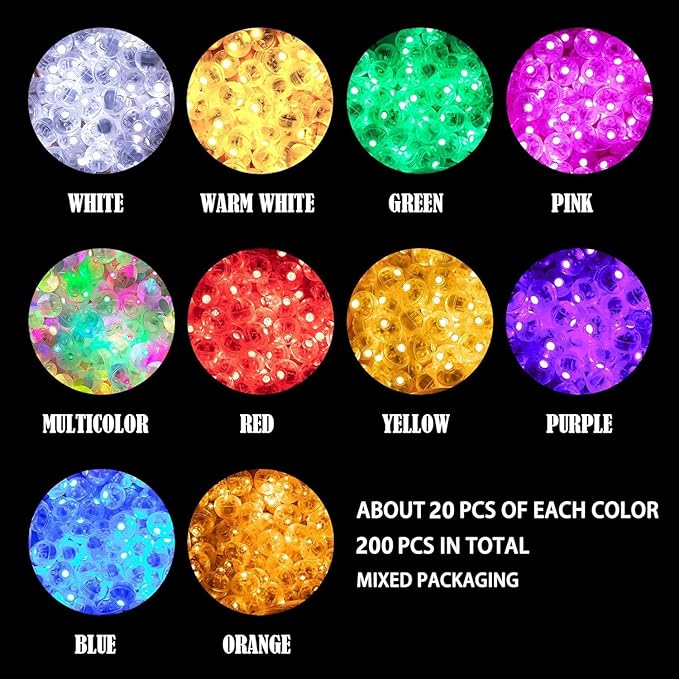 Aogist 200Pcs 10-Colors Balloon Lights with Hook,Long Standby Time,Waterproof Mini Light for Birthday Party Wedding Christmas Halloween Easter Decorative (Steady)