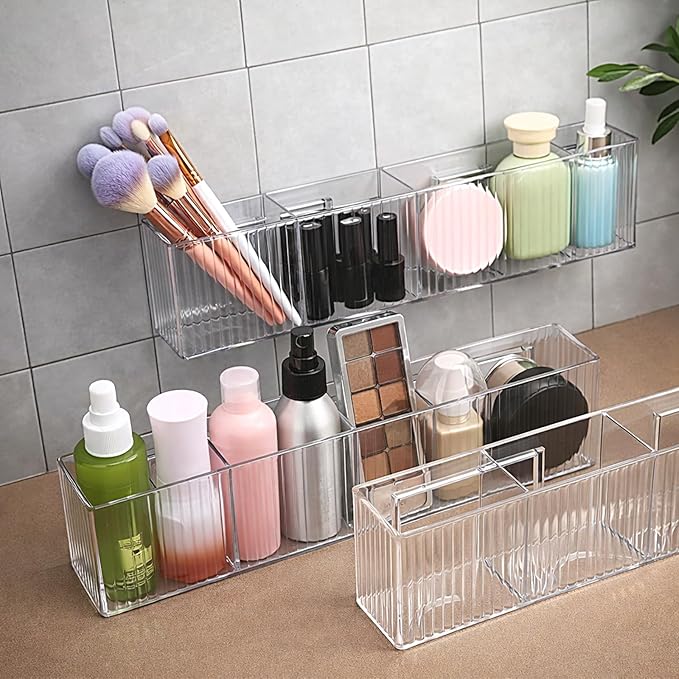 3 Pack Bathroom Makeup Organizer Long Narrow Clear Cabinet Door Organizer Wall Mount Clear Bathroom-Organizers and Storage with 3 Compartments Acrylic Shower Shelves for Kitchen & Bathroom,Office